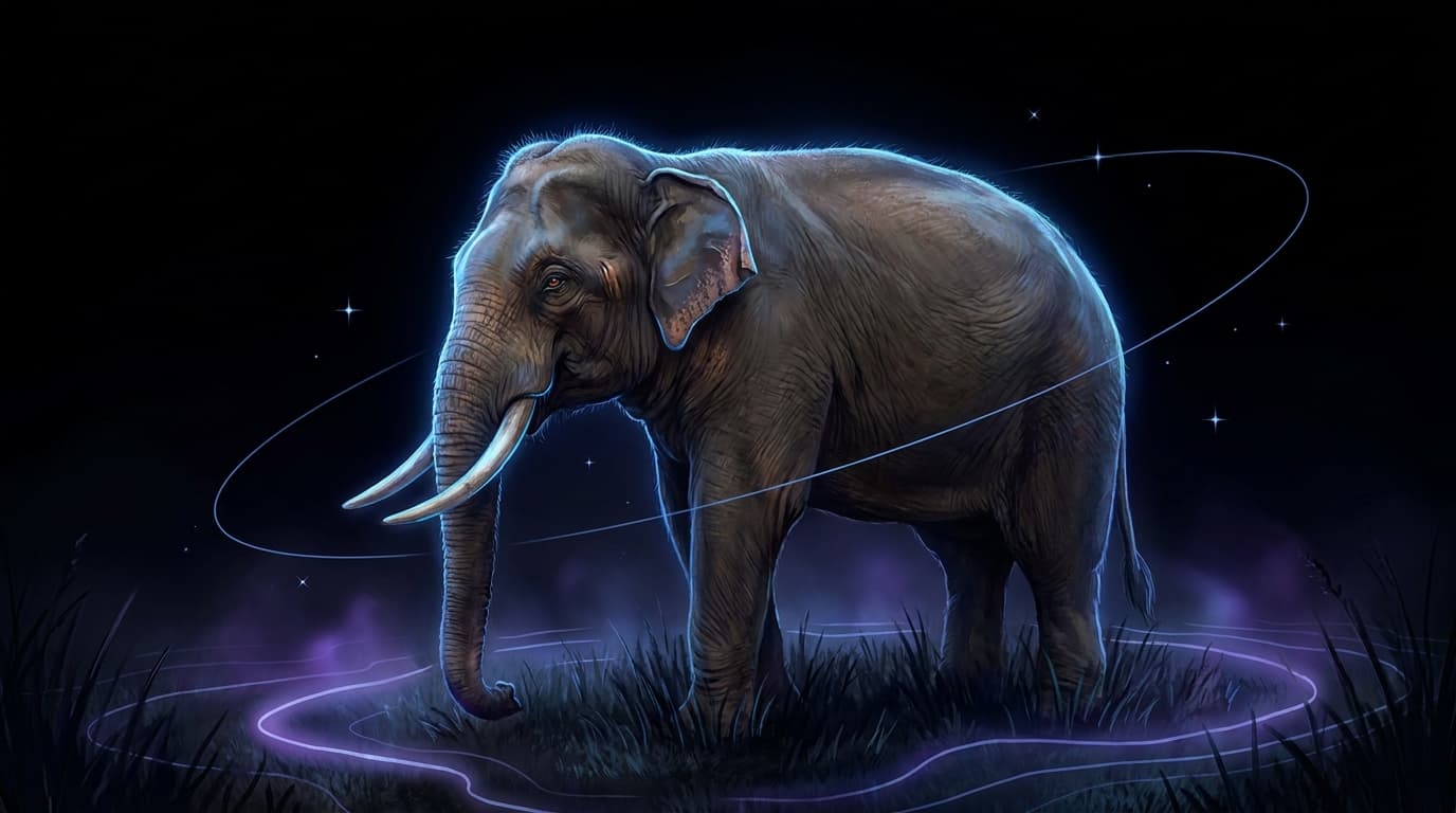 A wild Asian elephant standing at a respectful distance at night, faint blue contour lines rippling outward across the landscape like a living map.
