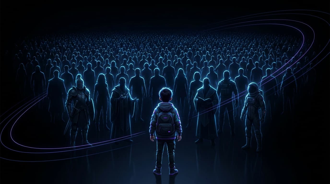 A single learner, seen from behind, facing a vast receding crowd of faintly lit figures.