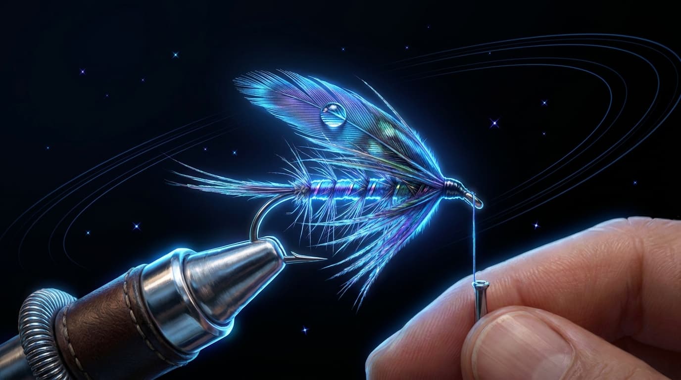 A hand-tied fishing fly in a vice, backlit so the fibres glow