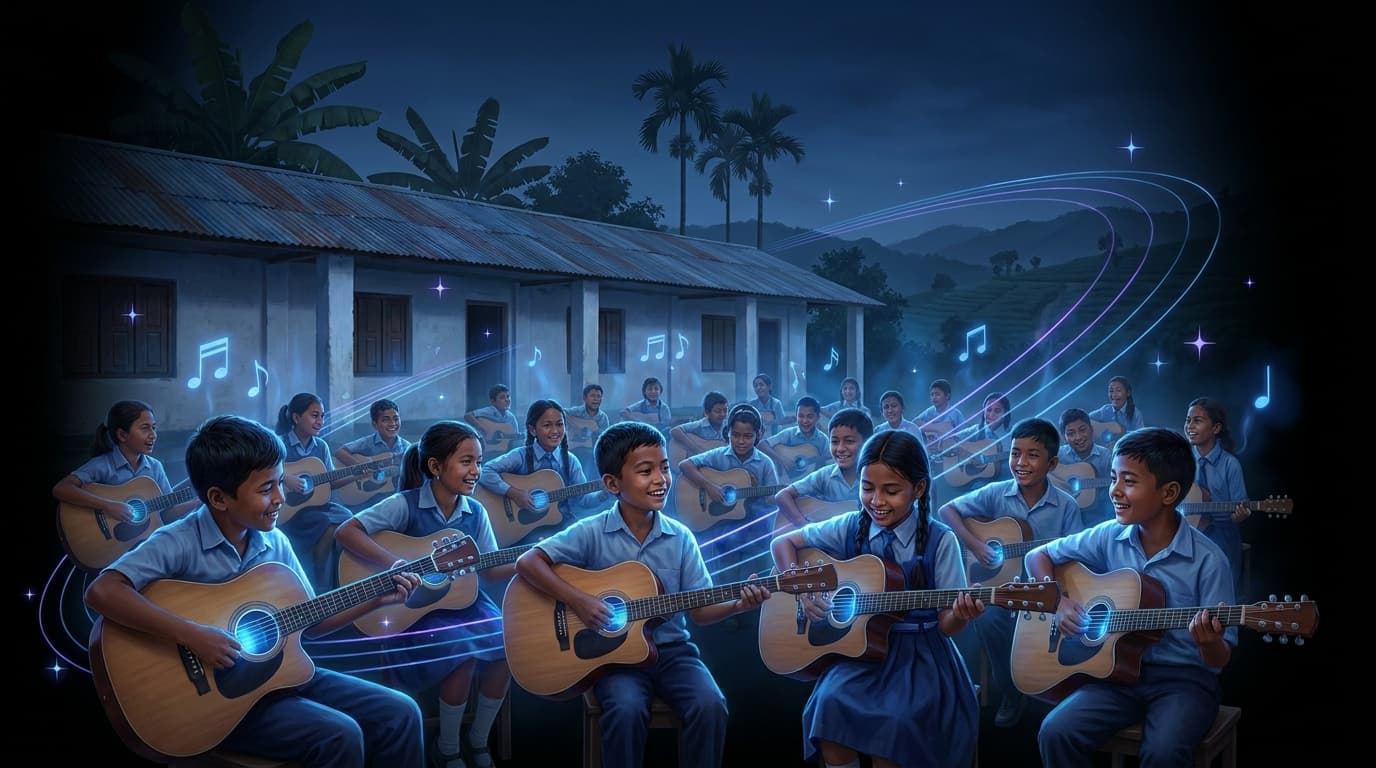 Nepali schoolchildren performing together, each playing a guitar