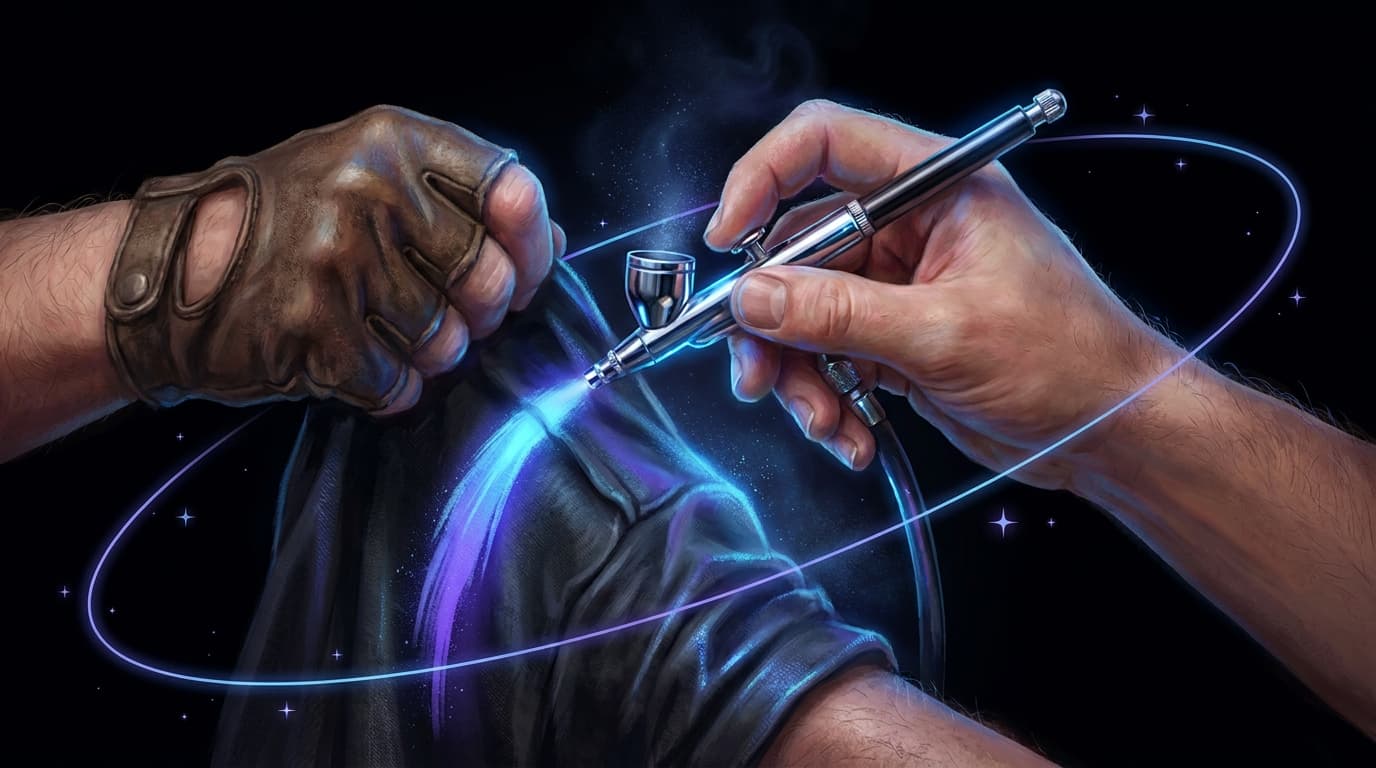 An artist's hands airbrushing vivid blue-violet paint onto a dark garment, luminous mist catching the light