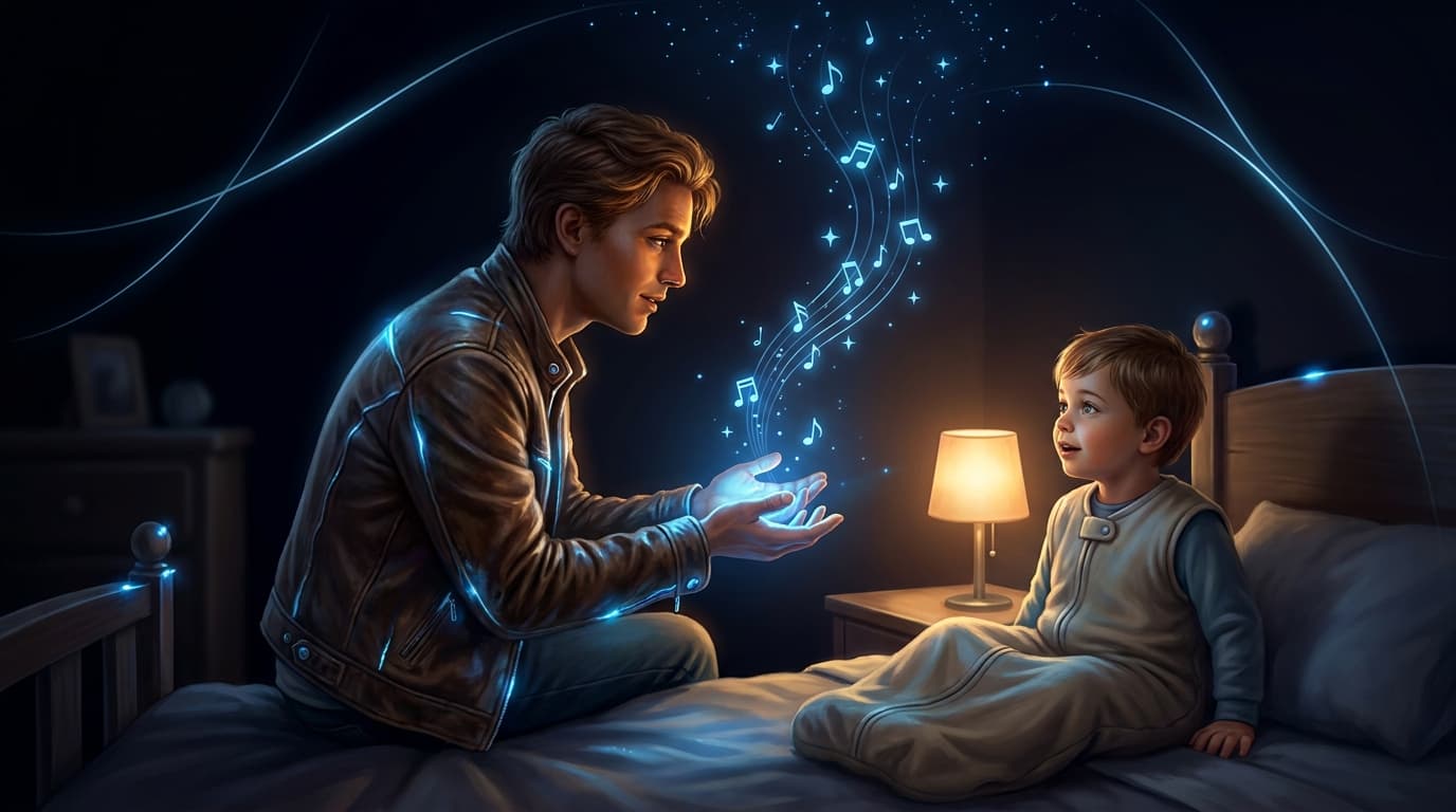 A parent sings a lullaby at a child's bedside while luminous musical notes rise from their hands into the dark room.