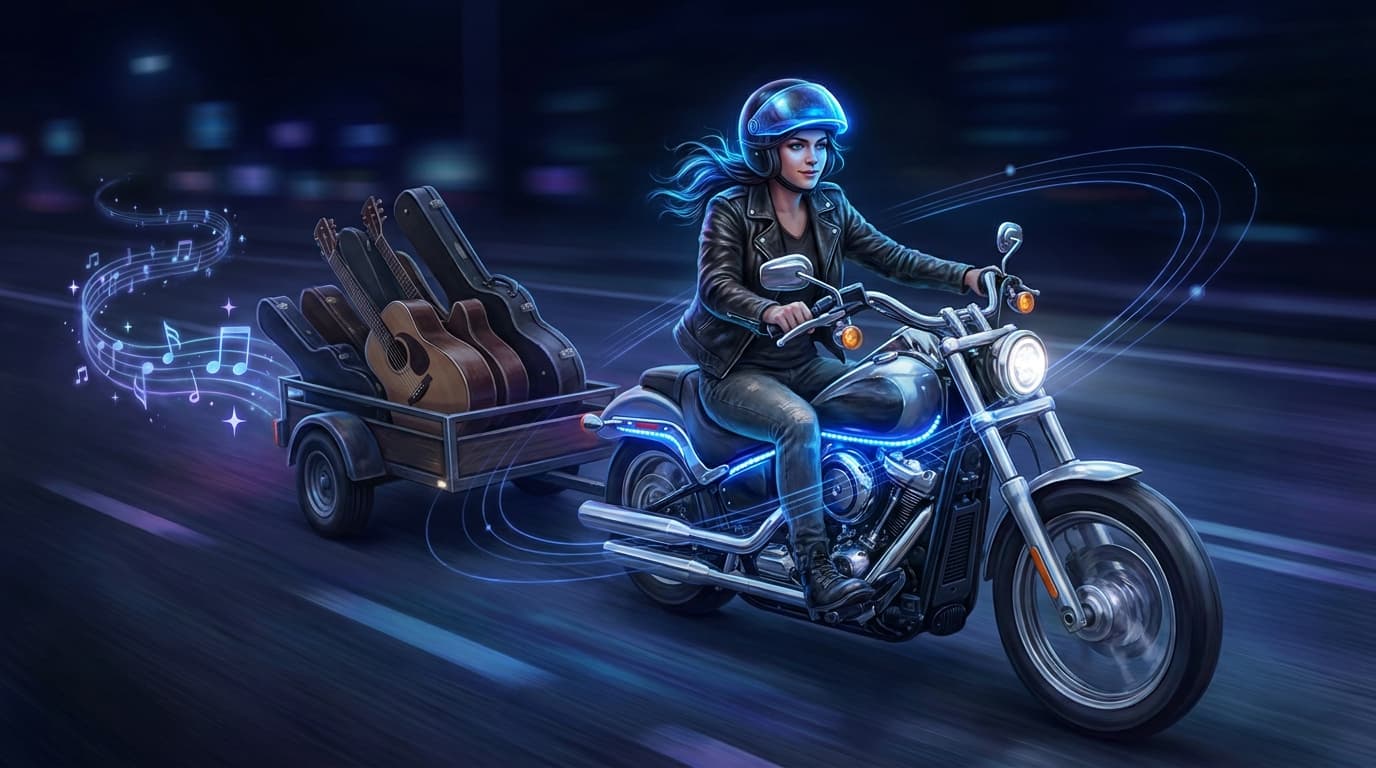 A young music teacher riding a motorcycle towing a trailer of guitars