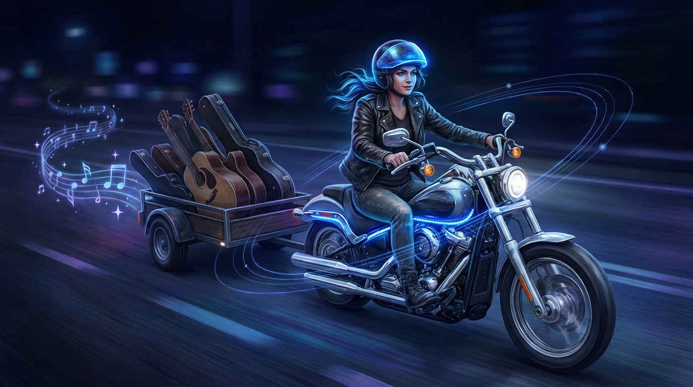 A music teacher riding a motorcycle at night, approaching down the road, towing a trailer of guitars